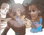  1boy afro ascot black_hair black_jacket brook_(one_piece) closed_mouth commentary frn_1052 hand_on_own_chest highres jacket male_focus multiple_views one_piece open_mouth popped_collar scar scar_on_face scar_on_forehead single_tear skeleton skull sunglasses upper_body watermark 