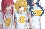  3girls :3 aoba_tsumugi blonde_hair blue_hair blush_stickers breast_size_difference breasts closed_eyes closed_mouth commentary_request emoji_print ensemble_stars! flat_chest flushed_face_emoji flushed_face_emoji_shirt_(meme) genderswap genderswap_(mtf) green_streaks harukawa_sora highres large_breasts long_hair looking_at_viewer lx_0v meme multicolored_hair multiple_girls open_mouth red_hair sakasaki_natsume shirt short_eyebrows short_sleeves small_sweatdrop smile streaked_hair switch_(ensemble_stars!) t-shirt taut_clothes taut_shirt thick_eyebrows upper_body wavy_hair white_shirt white_streaks yellow_eyes 