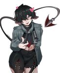  1boy absurdres animal_ears black_hair bulge commentary cosplay english_commentary fingerless_gloves g_0va genderswap genderswap_(ftm) gloves hair_over_one_eye high-waist_shorts highres jacket jane_doe_(zenless_zone_zero) jane_doe_(zenless_zone_zero)_(cosplay) john_doe_(zenless_zone_zero)_(scopeophilia) looking_at_viewer male_focus midriff mouse_boy mouse_ears mouse_tail necktie pantyhose sharp_tail shorts simple_background single_leg_pantyhose smile solo tail thighhighs tongue tongue_out torn_clothes torn_pantyhose trap two-tone_necktie very_long_tail zenless_zone_zero 