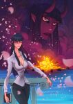  1girl absurdres black_hair black_pants blunt_bangs boat book breasts closed_eyes commentary demon_girl demonio_fleur fire highres holding holding_book horns long_hair multiple_views nico_robin ocean one_piece pants petals pink_petals pointy_ears smile user-f4617e2f35d8ecc6 watercraft 