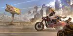  1girl abs absurdres advarcher animal_ear_fluff animal_ears billboard black_boots black_gloves black_jacket black_shorts blonde_hair boots breasts commentary cropped_jacket fingerless_gloves gloves green_eyes highres hyena_ears hyena_girl hyena_tail indie_virtual_youtuber jacket long_hair motor_vehicle motorcycle on_motorcycle outdoors scar scar_across_eye scar_on_face shorts sky stomach thigh_strap untranslatable_commentary virtual_youtuber yena_youngblood youngpups 