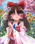  ascot blue_eyes bow brown_hair cherry_blossoms detached_sleeves flower hair_bow hair_tubes hakurei_reimu harikona long_hair oil_painting_(medium) one_eye_closed petals smile solo touhou traditional_media tree 