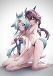  2girls alternate_hair_color arcane_(arknights) arknights arknights:_endfield black_one-piece_swimsuit blue_eyes breasts brown_hair chen_qianyu_(arknights) closed_mouth collarbone commentary dragon_girl dragon_horns dragon_tail english_commentary forehead_jewel green_hair hand_on_another's_shoulder highres horns logo long_hair lvstre medium_breasts multiple_girls one-piece_swimsuit scales swimsuit tail yuri 