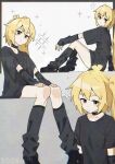  absurdres adversarial_noise akita_neru alternate_costume antenna_hair black_collar black_shirt black_shoes black_socks black_theme blonde_hair breasts collar collarbone commentary detached_sleeves expressionless fin_gocco hair_between_eyes high_side_ponytail highres kneehighs long_hair looking_at_viewer multiple_views shirt shoes side_ponytail sitting small_breasts socks thick_eyebrows untranslatable_commentary vocaloid yellow_eyes 