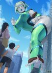  1girl absurdres against_wall artist_name ass ass_press black_hair blush bodysuit breasts building city cloud commentary_request commission covered_navel covered_nipples detached_sleeves from_below giant giant_of_light giantess green_eyes green_hair green_leotard hair_ornament highleg highleg_leotard highres huge_ass impossible_clothes impossible_leotard large_breasts leaning leotard looking_down minakami_(flyingman555) open_mouth original perspective short_eyebrows short_hair silver_skin size_difference skeb_commission skin_tight sky smile standing thighhighs thighs tokusatsu twitter_username ultra_series ultrawoman_cellium waving 