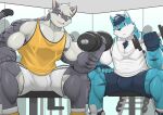 anthro big_muscles big_pecs biped bulge canid canine canis dumbbell duo exercise felid hi_res huge_muscles male male_anthro mammal muscular muscular_anthro muscular_male nipples pantherine pecs shinobiya tiger weights wolf workout