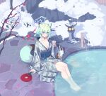  1girl absurdres animal_ears barefoot bath_yukata blue_archive blue_halo branch breasts bucket choko_(cup) commentary_request cup feet full_body gradient_halo green_hair grey_kimono hair_between_eyes halo hand_fan highres holding holding_cup japanese_clothes kimono looking_at_viewer medium_breasts multicolored_halo naked_kimono official_alternate_costume onsen outdoors paper_fan purple_eyes purple_halo shigure_(blue_archive) shigure_(hot_spring)_(blue_archive) sitting snow soaking_feet solo stone_lantern t-hou tail toes two-tone_halo uchiwa weasel_ears weasel_girl weasel_tail wooden_bucket yagasuri yukata 