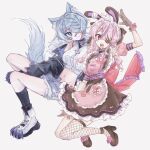  2girls :o ahoge animal_ear_fluff animal_ears aqua_eyes between_legs blue_hair breasts clawed_boots commentary cross-shaped_pupils drill_hair elira_pendora elira_pendora_(wolf) fang fishnet_thighhighs fishnets full_body fur-trimmed_jacket fur_trim gloves hair_over_one_eye hand_between_own_legs head_tilt heart heart_ahoge high_heels highres jacket large_breasts long_hair looking_at_viewer maid maid_headdress maria_marionette maria_marionette_(maid) multiple_girls navel nijisanji nijisanji_en off_shoulder open_clothes open_jacket pink_eyes pink_hair rabbit_ears simple_background single_fishnet_legwear single_thighhigh skin_fang smile symbol-shaped_pupils tail thighhighs twin_drills virtual_youtuber white_background wolf_ears wolf_tail yurrrara00 
