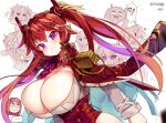  !? ... 2girls :d absurdres blank_eyes breasts commentary ddg160 epaulettes hair_ornament highres huge_breasts jacket jacket_on_shoulders last_origin long_sleeves looking_at_viewer may_of_doom mole mole_on_breast multiple_girls night_angel_(last_origin) open_mouth purple_eyes red_hair simple_background smile sparkle spoken_ellipsis spoken_interrobang twintails white_background 