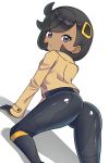  1girl absurdres all_fours arm_support ass black_bodysuit black_gloves black_hair blush bodysuit bodysuit_under_clothes brown_jacket dark-skinned_female dark_skin emma_(pokemon) gloves hair_ornament highres jacket jburtenmm26 latex latex_bodysuit long_sleeves looking_at_viewer multicolored_gloves orange_gloves pokemon pokemon_legends:_z-a purple_eyes short_hair simple_background solo two-tone_gloves 