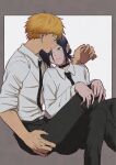  1boy 1girl alternate_universe arm_around_shoulder belt black_choker black_necktie black_pants blonde_hair blush border brown_belt brown_eyes chainsaw_man choker closed_mouth collared_shirt commentary_request couple crossed_legs denji_(chainsaw_man) feet_out_of_frame green_eyes grey_border hair_between_eyes hair_bun hands_on_another's_leg hetero highres hover_hand leaning_on_person looking_at_another medium_hair necktie pants parted_lips reze_(chainsaw_man) shibainu_(pom_pomta) shirt short_hair sleeves_rolled_up sweatdrop updo white_background white_shirt 