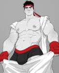  1boy abs adam's_apple bara biceps black_hair black_male_underwear broad_shoulders bulge commentary cowboy_shot dougi fingerless_gloves gloves grey_background groin headband highres jacket karate_gi large_pectorals looking_at_viewer male_focus male_underwear muscular muscular_arms muscular_male naoki_(xhju8282) navel nipples open_clothes open_jacket partially_colored pectorals raised_eyebrow red_gloves red_headband ryu_(street_fighter) shiny_skin simple_background solo street_fighter thick_eyebrows torn_clothes torn_sleeves triceps underwear uwagi white_dougi wide-eyed 