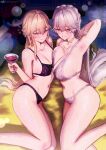  2girls absurdres arm_behind_head asymmetrical_docking black_groza_(girls'_frontline_2) blonde_hair braid breast_press breasts brown_hair cleavage cup erasorpepero from_above girls'_frontline girls'_frontline_2:_exilium groza_(girls'_frontline_2) hair_between_eyes half-closed_eyes hand_up highres holding holding_cup large_breasts legs_folded long_hair looking_at_viewer looking_up lying medium_breasts multiple_girls nail_polish navel on_side ots-14_(girls'_frontline) ponytail red_nails smile stomach thighs underwear underwear_only very_long_hair yellow_eyes 