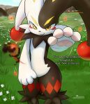 2026 anthro black_body black_fur dialogue dupin_(pal) english_text featureless_crotch fur gameplay_mechanics grass gui health_bar lagomorph level_number looking_at_viewer male mammal multicolored_body multicolored_fur nude_anthro nude_male outside ozoneserpent pal_(species) palworld pawpads pink_pawpads plant pocketpair red_body red_fur solo text white_body white_fur yellow_eyes