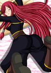  1girl alternate_color arc_system_works ass backboob bed blazblue blush boots breasts eyes_closed from_behind hair_tubes highres large_breasts long_hair lying on_stomach parted_lips red_hair seraphina sleeping solo tsubaki_yayoi uniform very_long_hair 