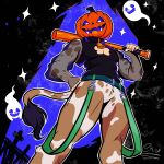 1:1 animal_humanoid animal_legs baseball_bat bat_(object) belt belt_straps bovid bovid_humanoid bovine bovine_humanoid brown_spots cattle_humanoid chest_window chiro_(chirxpteras) chirxpteras clothed clothing costume food for_a_head fruit halloween halloween_costume halloween_themed hi_res holidays humanoid male mammal mammal_humanoid markings object_head pantsless plant pumpkin pumpkin_head satyr seethrough_clothing spots spotted_markings tail tail_tuft topwear tuft