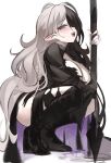  absurdres bellona_(maplestory) black_boots black_hair black_thighhighs blue_eyes boots breasts cleavage_cutout clothing_cutout commentary_request fang from_below from_side half-closed_eyes highres holding holding_weapon korean_commentary large_breasts long_hair looking_at_viewer maplestory multicolored_hair pointy_ears red_pupils se_tu_(55559229) solo squatting teeth thighhighs torn_clothes torn_thighhighs upper_teeth_only very_long_hair weapon white_hair 