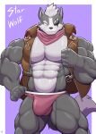 abs absurd_res anthro biceps big_muscles border canid canine canis countershade_face countershade_torso countershading deltoids eye_patch eyebrows eyewear forearm_muscles grey_body hi_res huge_muscles jock male mammal muscular muscular_anthro muscular_male nintendo pecs purple_background quads red_eyes shinobiya simple_background solo standing star_fox white_border wolf wolf_o'donnell
