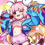  1girl ahoge arms_up black_socks blonde_hair blue_jacket camisole commentary_request commission fang gradient_hair highres indie_virtual_youtuber jacket kingin leg_up long_hair microphone midriff multicolored_hair navel one_eye_closed open_mouth pink_camisole pink_shorts polka_dot polka_dot_shorts red_eyes short_shorts shorts singing skeb_commission sleeves_past_wrists smile socks solo standing standing_on_one_leg stomach strap_slip yumekayo_guu 