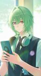  1boy absurdres anaxa_(honkai:_star_rail) bag bag_charm black_sweater_vest blue_eyes cellphone charm_(object) chrysos_heirs_school_uniform closed_mouth collared_shirt commentary english_commentary green_hair hair_between_eyes hair_intakes hair_over_shoulder headphones headphones_around_neck highres holding holding_phone honkai:_star_rail honkai_(series) indoors light_frown long_hair looking_at_viewer male_focus multicolored_eyes necktie official_alternate_costume phone pink_eyes ponytail school_uniform shirt short_sleeves shoulder_bag smartphone solo striped_clothes striped_necktie sweater_vest two-tone_eyes upper_body vynz_9 white_shirt window 