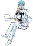  2013 blue_hair computer crossed_legs dated glasses inumuta_houka kill_la_kill laptop male_focus sabamiso_(waruagaki) sitting solo uniform 