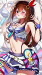  1girl belt bikini bikini_skirt bikini_under_clothes bikini_under_skirt blue_bikini blue_eyes blush breasts brown_hair cleavage commentary_request diamond_hair_ornament front-tie_bikini_top front-tie_top hair_flaps hair_ornament hair_ribbon hairclip hands_up highleg highleg_bikini highres hololive hololive_summer_2023_swimsuit large_breasts layered_bikini long_hair looking_at_viewer navel official_alternate_costume one_eye_closed open_mouth ribbon skirt solo star_(symbol) star_hair_ornament striped_bikini striped_clothes sweatdrop swimsuit takakun thigh_belt thigh_strap tokino_sora virtual_youtuber white_belt white_bikini zoom_layer 