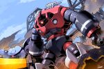  absurdres blue_sky capule_(mobile_suit) cloud commentary cosmo-5 day embers feet_out_of_frame glowing glowing_eye gundam gundam_unicorn highres holding holding_sword holding_weapon mecha mecha_focus mobile_suit no_humans one-eyed_mecha outdoors red_eyes robot science_fiction signature sky smoke solo_focus standing sword weapon zogok 