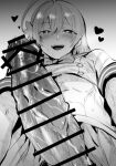  1boy abs bar_censor blue_archive censored commentary_request erection from_below genderswap genderswap_(ftm) gradient_background hanako_(blue_archive) heart heart-shaped_pupils huge_penis looking_at_viewer looking_down male_focus open_mouth penis skirt smile solo symbol-shaped_pupils trap veins veiny_penis yashiro_osa 