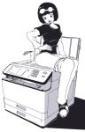  1girl clothes_pull commentary english_commentary eyewear_on_head glasses greyscale hand_on_own_hip highres long_sleeves looking_down monochrome ohya_ichiko open_mouth panties pants pants_pull persona persona_5 photocopier photocopying_self plow_(witch_parfait) shirt shoes short_hair sitting sketch solo thighs underwear white_background 