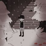  1boy antenna_hair arms_at_sides artist_name black_eyes black_hair black_socks black_tank_top bloody_footprints commentary double-parted_bangs english_commentary footprints hair_between_eyes highres little_one_(omori) male_focus no_mouth omori omori_(omori) short_hair shorts snow snowing socks solo stairs standing starlyfnnctn striped_clothes striped_shorts tank_top tree twitter_username vertical-striped_clothes vertical-striped_shorts white_shorts 