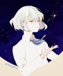  1boy absurdres androgynous blue_necktie blue_sky collared_shirt commentary_request dated hand_up highres jack_jeanne liio_oiil long_sleeves male_focus necktie night partial_commentary school_uniform shirota_mitsuki shirt short_hair sky solo star_(sky) starry_sky white_hair white_shirt 