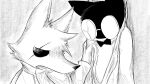 16:9 ambiguous_gender anthro bow_tie broken_glasses canid canine canis cape clothing coat domestic_cat dragonweirdo duo eye_patch eyewear felid feline felis gag glasses gytras_(dragonweirdo) hi_res kimera_(dragonweirdo) lab_coat male mammal monochrome pinned pinned_to_wall topwear widescreen wolf