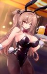  1girl alcohol alternate_costume animal_ear_hairband animal_ears beer beer_mug black_leotard black_pantyhose bow bowtie breasts brown_hair cleavage commentary_request cowboy_shot cup detached_collar dutch_angle fake_animal_ears hairband highres hirune_(konekonelkk) indoors kantai_collection large_breasts leotard low_neckline mug murasame_(kancolle) murasame_kai_ni_(kancolle) pantyhose playboy_bunny rabbit_ears rabbit_tail red_bow red_bowtie red_eyes solo strapless strapless_leotard tail two_side_up wrist_cuffs 