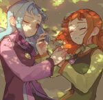  2girls ally_(puyopuyo) blue_hair closed_eyes closed_mouth collared_shirt commentary_request dappled_sunlight day dress grass green_dress green_shirt hand_on_another's_hand highres jewelry looking_at_another lying medium_hair multiple_girls necklace on_ground on_side one_eye_closed orange_hair outdoors parted_lips pink_shirt purple_dress purple_eyes puyopuyo puyopuyo_chronicle rafisol_(puyopuyo) shirt sleeping sleeveless sleeveless_dress sunlight tree_shade upper_body urolo 