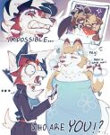 2026 anthro anthrofied bodily_fluids bottomwear brown_body brown_fur canid canine clothing dress duo english_text female fur generation_7_pokemon hi_res jacket lycanroc mammal midday_lycanroc nintendo open_mouth pants pokemon pokemon_(species) red_body red_eyes red_fur rockruff sharp_teeth simple_background smile supersilly64 sweat teeth text topwear white_background white_body white_fur