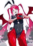  1girl absurdres animal_ears baobhan_sith_(fate) baobhan_sith_(halloween_2026)_(fate) black_leotard breasts commentary_request earrings fake_animal_ears fate/grand_order fate_(series) grey_eyes hair_intakes highres holding jewelry leotard long_hair looking_at_viewer pantyhose pink_hair playboy_bunny pointy_ears rabbit_ears red_pantyhose sidelocks smile solo twintails una_una_6 