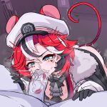  1boy 1girl animal_ears black_bow black_streaks blue_eyes blush bow breasts cheek_bulge colored_skin commentary commission cum cum_in_mouth english_commentary erection fellatio gloves grey_skin hakos_baelz hakos_baelz_(steel_rose) hanging_breasts heart heart-shaped_pupils hetero highres hololive hololive_english large_breasts lipstick_mark lipstick_mark_on_penis moral_cacoethes mouse_ears mouse_girl multicolored_hair nipples official_alternate_costume oral paid_reward_available penis red_hair solo_focus streaked_hair symbol-shaped_pupils tail uncensored veins veiny_penis virtual_youtuber white_streaks 