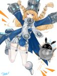  1girl absurdres arms_up bangboo_(zenless_zone_zero) blonde_hair blue_eyes commentary_request gloves grey_gloves grey_hat grey_shoes hat highres large_hat long_hair long_sleeves looking_at_viewer norma_hollowell shoes simple_background solo thighhighs user_ktkx2272 white_background white_thighhighs zenless_zone_zero 
