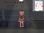4:3 anthro apple blue_eyes breasts broken_dreams_correctional_center brown_hair choker clothing dark domestic_cat english_text felid feline felis female food fruit fur game_art hair hand_on_legs happy hi_res jewelry jukolapp light lighting mammal necklace orange_body orange_fur paws plant rahi(broken_dreams_correctional_center) seat small_breasts smile solo spots tail_on_legs text tight_clothing