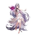  1girl absurdly_long_hair absurdres ankle_cuffs bare_legs bare_shoulders barefoot black_choker black_hair book breasts chain choker company_name copyright_name copyright_notice cuffs dress feather_hair_ornament feathers feet fire_emblem fire_emblem_engage fire_emblem_heroes floating floating_book floating_object full_body gloves grey_hair hair_ornament highres kanda_done legs long_hair looking_at_viewer magic multicolored_hair official_art open_book purple_eyes simple_background small_breasts smile solo tachi-e thighs toenails toes two-tone_hair very_long_hair veyle_(fire_emblem) wavy_hair white_gloves 