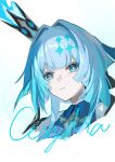  1girl :< bare_shoulders black_bow blue_dress blue_eyes blue_fire blue_hair blunt_bangs bow bowtie bright_pupils cerydra_(honkai:_star_rail) character_name closed_mouth collared_dress commentary_request crown diamond-shaped_pupils diamond_(shape) dress english_text eyelashes fire hair_bow hair_intakes highres honkai:_star_rail honkai_(series) kukatsuma large_bow long_hair looking_afar low_ponytail mini_crown pink_bow pink_bowtie ponytail sidelocks simple_background sleeveless sleeveless_dress solo symbol-shaped_pupils upper_body white_background white_pupils 