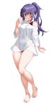  1girl :d bare_legs barefoot black_one-piece_swimsuit blush breasts commentary_request dd_(ijigendd) feet full_body hair_between_eyes highres long_hair long_sleeves looking_at_viewer one-piece_swimsuit open_mouth original ponytail purple_eyes purple_hair shirt sidelocks simple_background small_breasts smile solo standing swimsuit swimsuit_under_clothes t-shirt thighs toes white_background white_shirt 