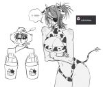  1boy 1girl animal_ear_hairband animal_ears animal_print black_hair blush breasts bucket cleavage cleavage_cutout clothing_cutout commentary_request cow_ears cow_girl cow_horns cow_print cow_print_one-piece_swimsuit cow_tail cowboy_shot crossed_arms eyepatch fake_animal_ears farmer female_pubic_hair floral_print_one-piece_swimsuit glasses hairband hange_zoe hat holding holding_bucket horns korean_commentary korean_text lactation levi_(shingeki_no_kyojin) medium_hair midriff navel neckerchief parted_bangs parted_lips ponytail pubic_hair revealing_clothes shaded_face shingeki_no_kyojin short_hair shoulder_blush stomach_cutout straw_hat sweat tail tearing_up translated underboob z1png 
