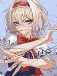  1girl alice_margatroid blonde_hair blue_background blue_dress blue_eyes bow bowtie chinese_commentary closed_mouth commentary_request dress fibonacci_no_usagi headband looking_at_viewer mole mole_under_eye red_bow red_bowtie short_hair short_sleeves solo touhou upper_body wire 