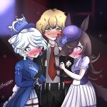  1boy 2girls :d absurdres animal_ears blonde_hair blue_flower blue_hat blue_jacket blue_pupils blue_rose blue_streaks blush cowlick crossover eyelash_ornament flower furina_(genshin_impact) genshin_impact hair_over_one_eye hat hat_flower hetero heterochromia highres horse_ears horse_girl horse_tail hug id_card jacket light_rays limbus_company macirollfights multicolored_hair multiple_crossover multiple_girls necktie ouji_fashion project_moon purple_eyes red_necktie rice_shower_(umamusume) rose school_uniform signature sinclair_(project_moon) smile streaked_hair suit tail tilted_headwear top_hat tracen_school_uniform umamusume white_hair window yellow_eyes 