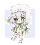  1girl blush capelet commentary_request cross-shaped_pupils deformed dress full_body genshin_impact gold_trim green_dress green_eyes hair_between_eyes hand_up hat long_sleeves looking_at_viewer masikii_13 nahida_(genshin_impact) nahida_(nord_express)_(genshin_impact) official_alternate_costume open_mouth shoes simple_background solo standing standing_on_one_leg symbol-shaped_pupils ushanka white_background white_capelet white_hair white_hat white_shoes 