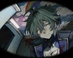  1boy ahoge black_choker black_jacket blood blood_on_wall blue_jacket choker closed_eyes closed_mouth collared_shirt cyn_ouo earrings genshin_impact green_eyes hair_between_eyes highres indoors jacket jewelry lapels lohen_(genshin_impact) long_sleeves male_focus mole mole_under_eye open_clothes open_jacket pale_skin rainbow shirt short_hair single_earring smile solo two-sided_fabric two-sided_jacket upper_body white_shirt 