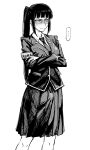  1girl absurdres armband black_hair black_necktie blazer blunt_bangs blush bulge closed_mouth collared_shirt glasses highres hime_cut implied_futanari jacket long_hair long_sleeves monochrome necktie original pleated_skirt school_uniform shirt sidelocks simple_background skirt solo takahashi_ryuu white_background white_shirt 