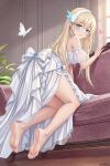  1girl artist_name bare_legs bare_shoulders barefoot blonde_hair bug butterfly chinese_commentary closed_mouth commentary_request couch detached_sleeves dress from_behind full_body green_eyes heart highres indoors legs lexington_(warship_girls_r) long_hair looking_at_viewer on_couch see-through_clothes see-through_sleeves short_sleeves soles solo warship_girls_r white_butterfly white_dress white_hair white_sleeves xnnagu 