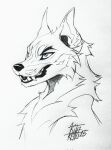 2025 black_lips black_nose blue_eyes bust_portrait canid canine canis cheek_tuft eyebrows facial_tuft fangs feral fur head_tuft hi_res inner_ear_fluff kitakettu_(artist) lips male mammal neck_tuft open_mouth portrait sharp_teeth sketch snout solo teeth tongue traditional_media_(artwork) tuft whisker_spots